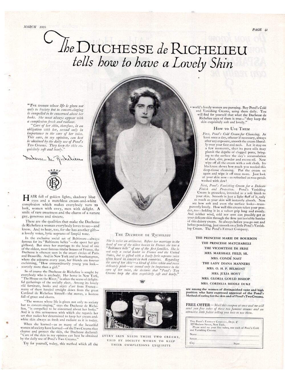 Ponds Two Creams Advertisement 1925 Vintage Duchesse De Richelieu Beauty Women